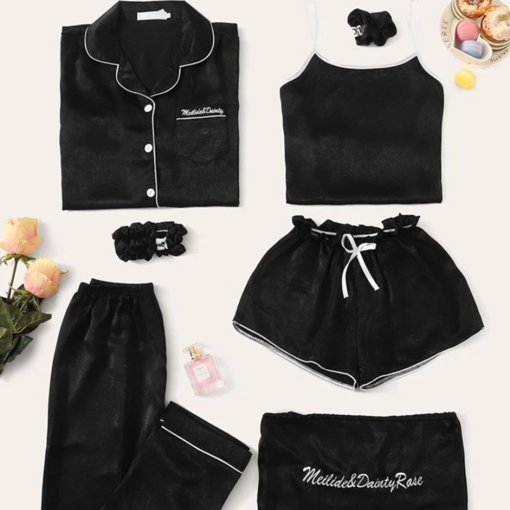 7pc Embroidery contrast binding satin night set
